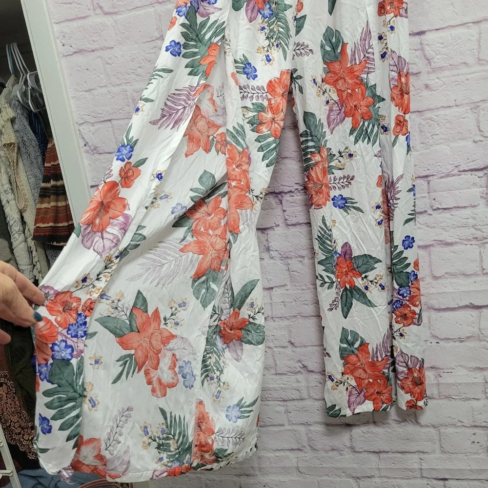 Uluwatu Floral High Slit Palazzo Pants L XL Smocked Wide Leg Tropical Resortwear